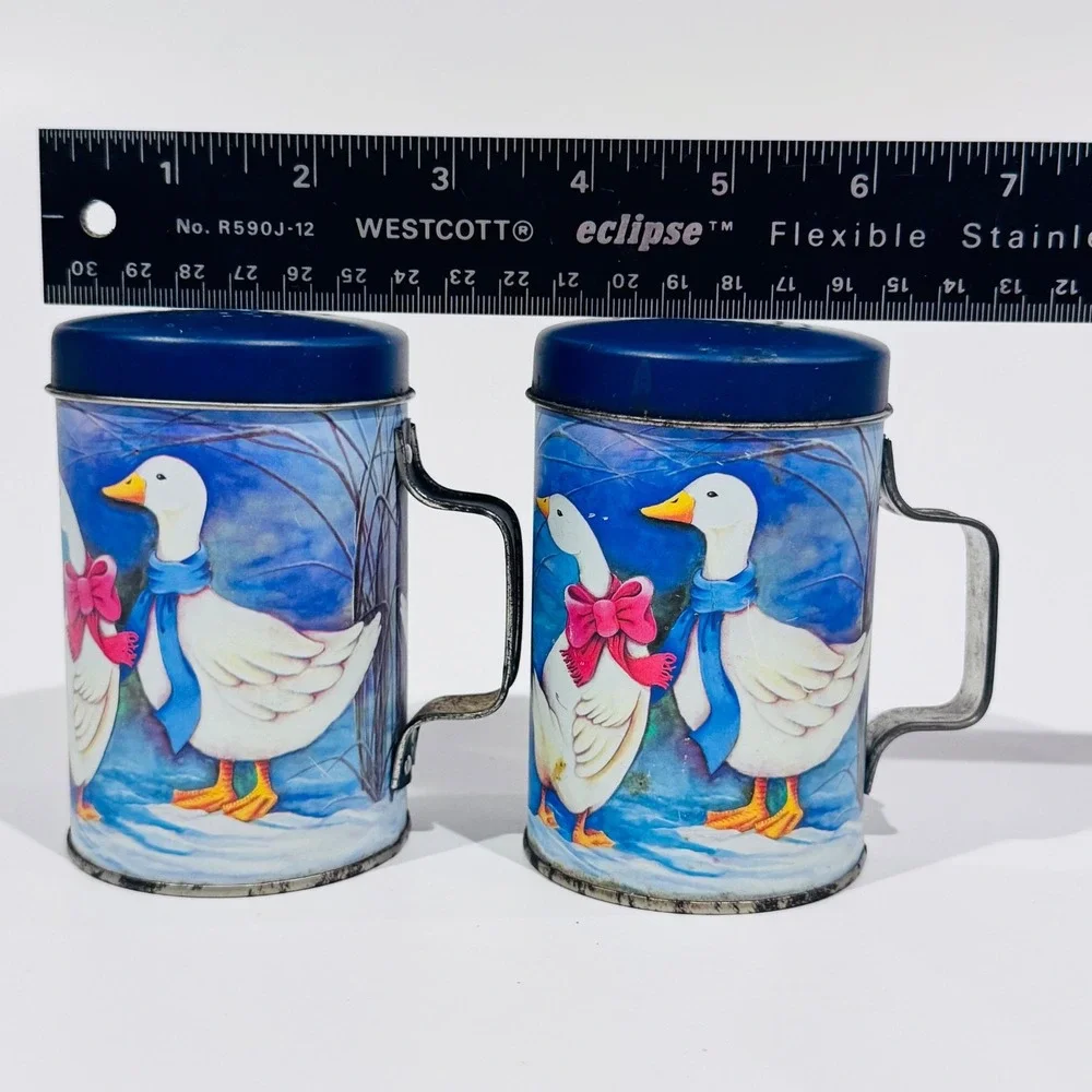 Vintage JSNY Tin Salt & Pepper Shakers w/Handles Country‎ Geese Winter Scene EUC